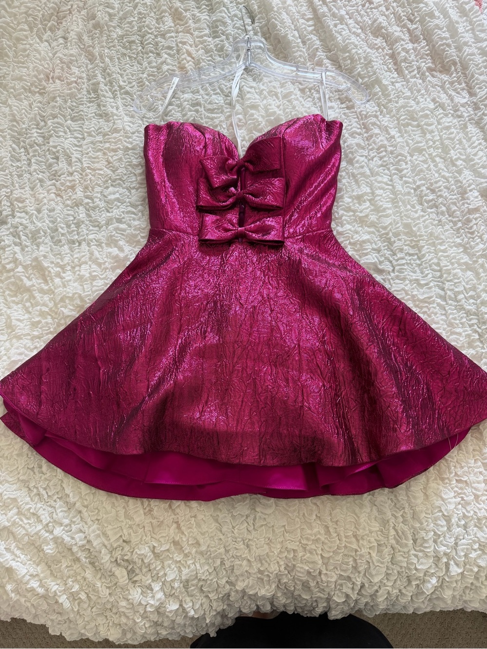 Sherri Hill Metallic Hot Pink Strapless Party Dress with Triple Bows